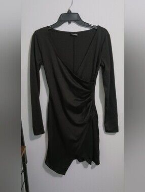 Alloy Apparel Black Long Sleeve Ruched Faux Wrap Bodycon Mini Dress  S
